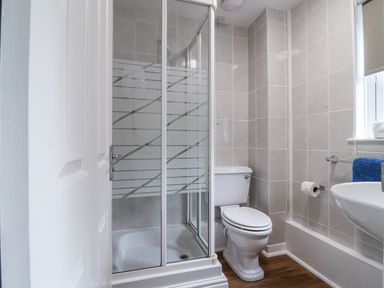 A bathroom featuring a shower, toilet, and sink at Valley Lodge 20 Callington