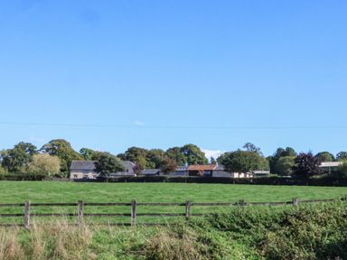 A field with trees and houses in the background at The Granary Wyke Nr Axminster