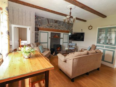 A living room with a sofa, coffee table, and fireplace at The Farmhouse in Tralee, County Kerry