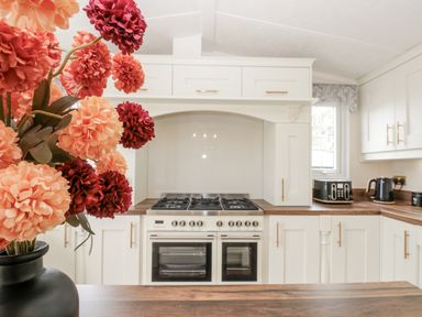 A kitchen with a gas stove and flower vase at The Cabin in Thornton Dale