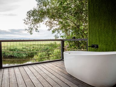 An outdoor bathing area with a tub and plants at The Red House Farndon