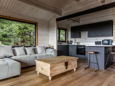 A living room with a sofa and kitchen area at The Larch House in Farndon