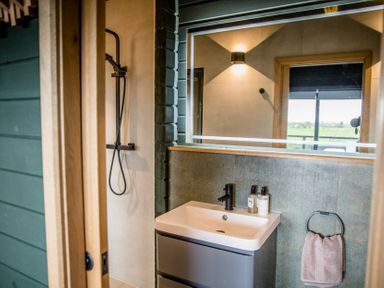 A bathroom with a shower and sink at The Larch House in Farndon
