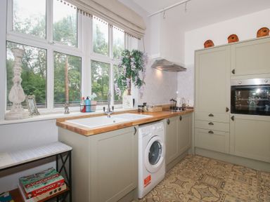 A kitchen with a sink and washing machine at Apartment 1 The Bridge at Stanford Hotel near Great Witley