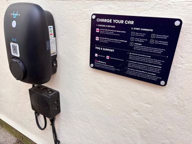 A charging station with an information sign at Clarence House in Llandudno