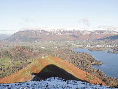 A view of mountains and a lake with hikers in the foreground at Swirl Howe, Keswick