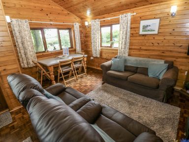 A living room with a sofa and dining table at Oak Lodge Mynydd Cerrig near Porthyrhyd