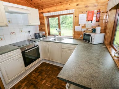 A kitchen with countertops and appliances at Oak Lodge Mynydd Cerrig near Porthyrhyd