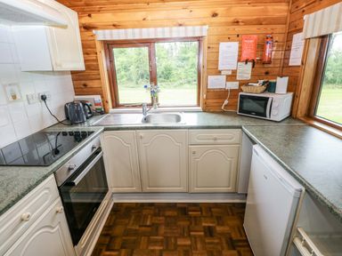 A kitchen with a sink and appliances at Oak Lodge Mynydd Cerrig near Porthyrhyd