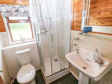 A bathroom with a shower, sink, and toilet at Oak Lodge near Mynydd Cerrig