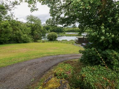 A view of a lake and cabin from a grassy area at Oak Lodge Mynydd Cerrig near Porthyrhyd