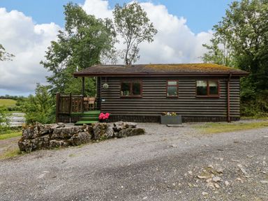 A log cabin with trees and a planter at Ash Lodge in Mynydd Cerrig near Porthyrhyd