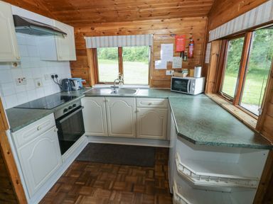A kitchen with cabinets and appliances at Ash Lodge in Mynydd Cerrig near Porthyrhyd