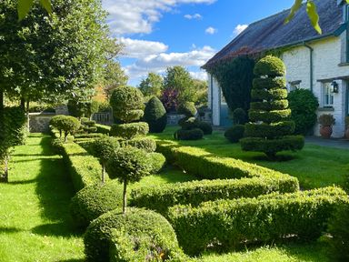 A garden with topiary and a house at West Cottage in Myddfai near Llandovery