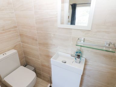 A bathroom with a toilet and sink at Hawthorns in Swansea