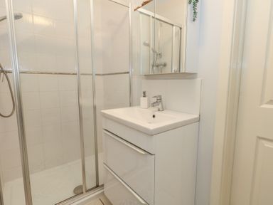 A bathroom with a shower and a sink at June Cottage in Wool