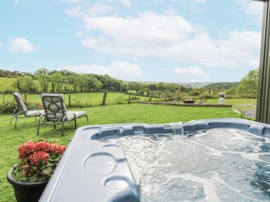 An outdoor area with a hot tub and lounge chairs at Brondel Luxury Shepherd's Hut