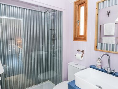 A bathroom with a shower and wash basin at Brondel Luxury Shepherd's Hut
