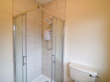 A bathroom with a shower enclosure and a toilet at Shamrock House