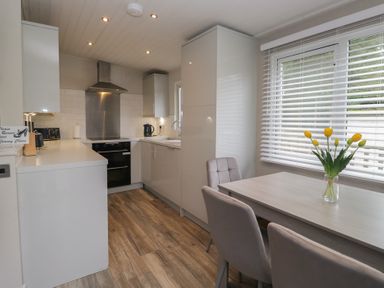 A kitchen with a table and chairs at Owls Nook Lodge, Langdale 9, White Cross Bay near Windermere