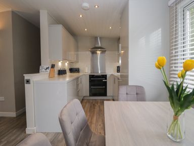 A kitchen with cooking appliances and a dining table at Owls Nook Lodge, Langdale 9, White Cross Bay near Windermere