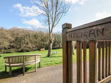 A picnic area with a wooden bench and gate at Heligan in St Breward