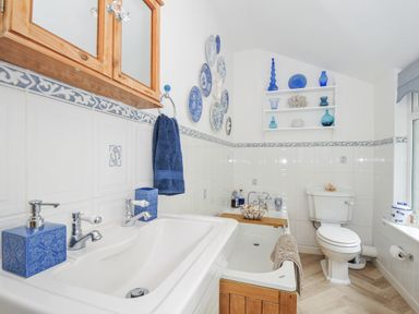A bathroom with sink, toilet, and decorative items at Mayhurst in Looe