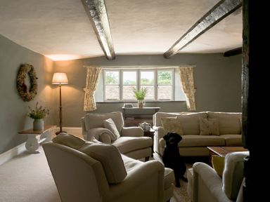 A living room with sofas and a lamp at Holwell Farmhouse in Bampton