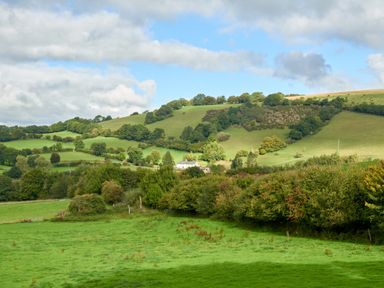 A countryside view with hills and trees at Holwell Farmhouse in Bampton