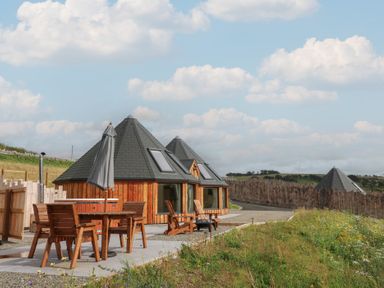 An outdoor area with log cabins and a dining table at Yr Awen in Lampeter