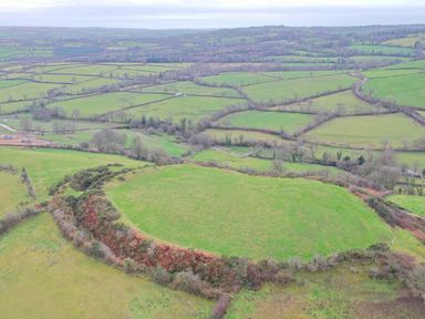 An aerial view of fields and hedges in a landscape near Lampeter