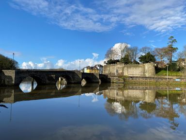 A bridge over a river with trees and buildings at Penally Mews St Dogmaels