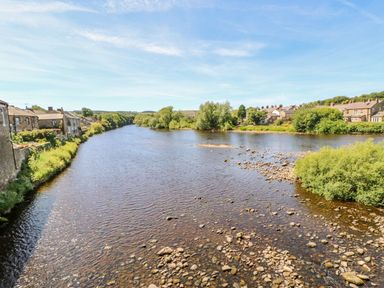 A view of a river with houses and trees at The Railway Apartment in Hexham