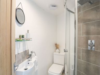A bathroom with a sink, toilet, and shower at The Ingle in Barmouth