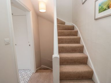 A staircase with carpet and light fixture at Cloud Cottage in Ambleside