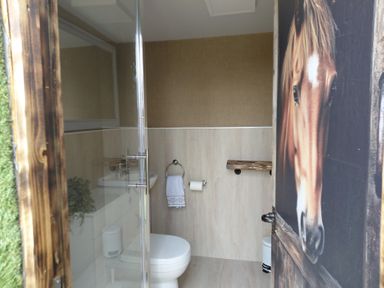 A bathroom with a toilet and sink at GiGi's Horsebox Near Broadway