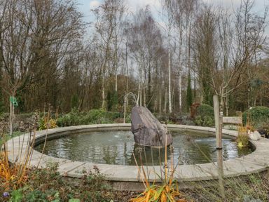 A garden with a fountain surrounded by plants and trees at 3 bed property