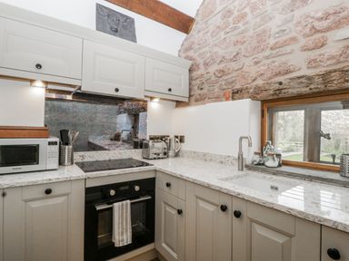 A kitchen with cabinets and appliances at 1 bed property in Usk