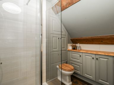 A bathroom with a shower and toilet in a 1 bed property in Usk