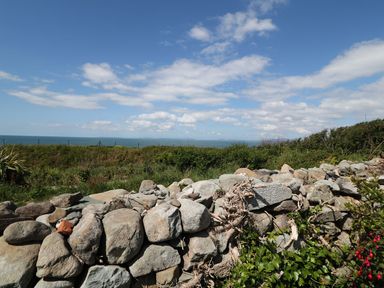 A view of the sea and grassland with a stone wall at Goetra