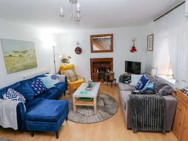 A living room with a sofa and fireplace at Tawe Cottage in Swansea