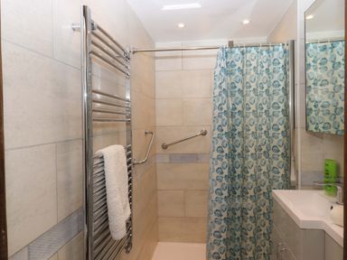 A bathroom with a shower and towel rail at The Milking Shippon at Thorne in Langtree near Great Torrington