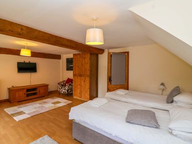 A bedroom with beds and a television at Millbarn in Crowcombe