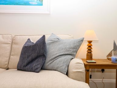 A living room with cushions on a sofa and a lamp on a side table at 2 Sheplegh Court Blackawton near Dartmouth