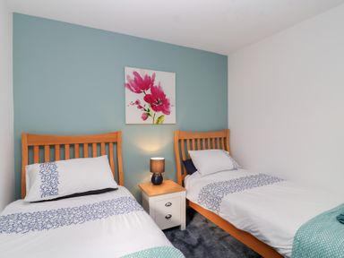 A bedroom with two beds and a bedside table at Mayfly Lodge in St Tudy