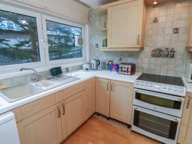 A kitchen with cabinets, stove, and sink at 20 Heath Court Brixham