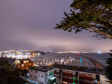 View of a marina with boats and lights at Snowy Owl View at The Breakwater Brixham