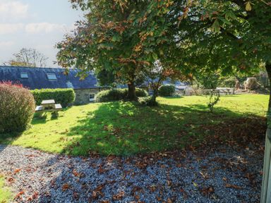 A garden area with a picnic table and tree at Carthouse Cottage in Clarbeston Road