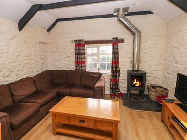 A living room with a sofa and stove at Knap Cottage in Clarbeston Road