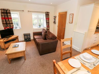 A living room with a sofa and television at Swallows Cottage in Clarbeston Road